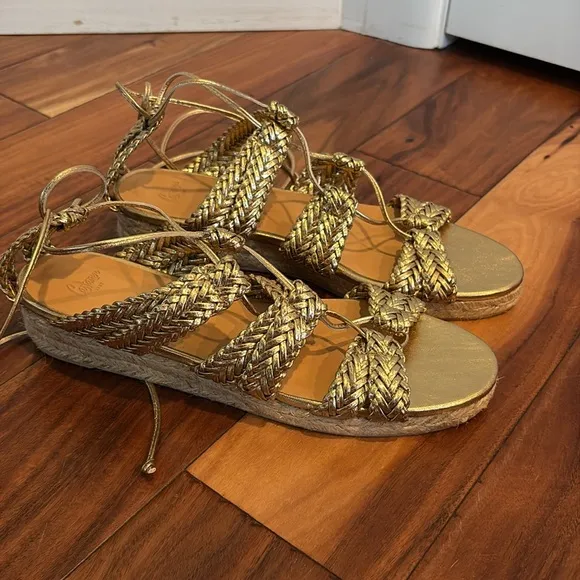 NEW! CASTAÑER ESPADRILLES Leather Gold Braided Lace Up Galdiator Sandals Size 41