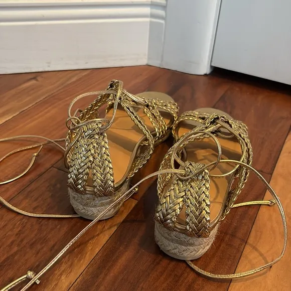 NEW! CASTAÑER ESPADRILLES Leather Gold Braided Lace Up Galdiator Sandals Size 41
