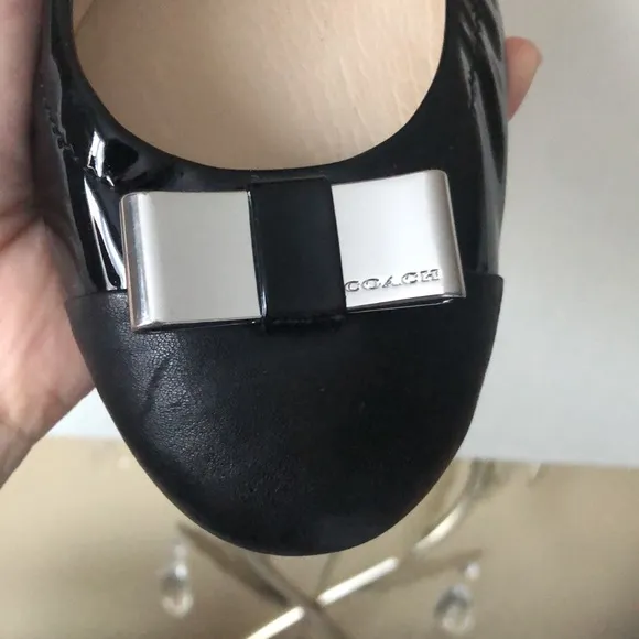New COACH Women's Demi Patent &amp; Tumbled Black Leather Ballet Flats