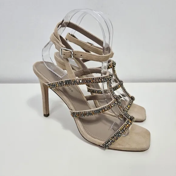 NEW Donald Pliner Winona Strappy Sandals 7.5 Crystals Stiletto Heels Nude Beige
