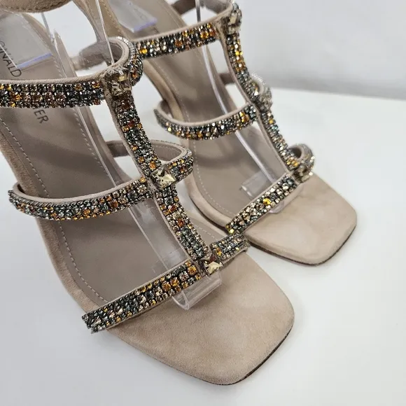 NEW Donald Pliner Winona Strappy Sandals 7.5 Crystals Stiletto Heels Nude Beige