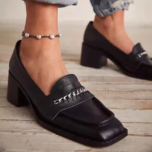 New Free People Hayden Heeled Loafers Stacked Heel Chain Detail Size 39/9