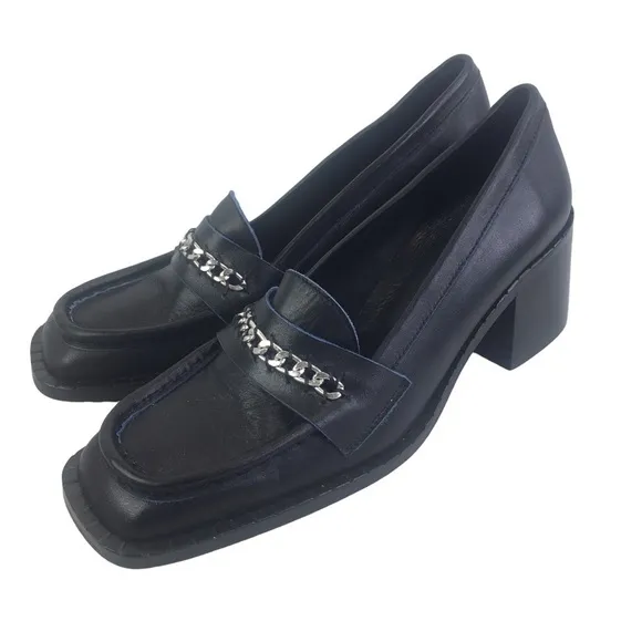 New Free People Hayden Heeled Loafers Stacked Heel Chain Detail Size 39/9