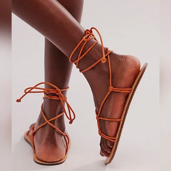 NEW Free People Women So Strappy Sandals in Sunset Orange 7.5 Vacation Festival