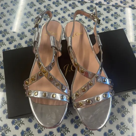 New J.Crew Silver Mirror &amp; Gold Studded Cross Strap Sandals Size 10