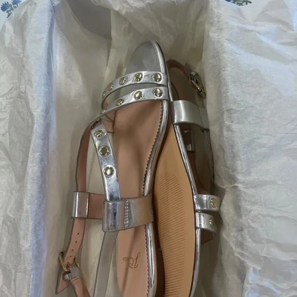 New J.Crew Silver Mirror &amp; Gold Studded Cross Strap Sandals Size 10