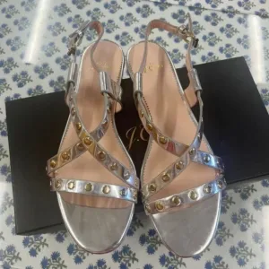 New J.Crew Silver Mirror &amp; Gold Studded Cross Strap Sandals Size 10