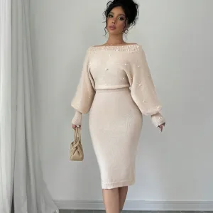 New Knitted Button Up Lantern Sleeve Sexy Fitted Casual Dress For Women