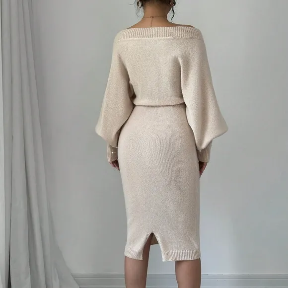 New Knitted Button Up Lantern Sleeve Sexy Fitted Casual Dress For Women