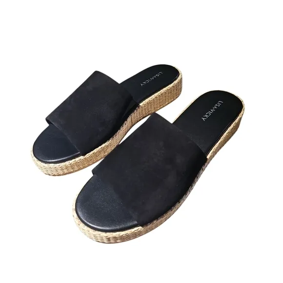 New Lisa Vicky Womens Smile Black Platform Slide Sandals Size 9.5M Shoe Chunky