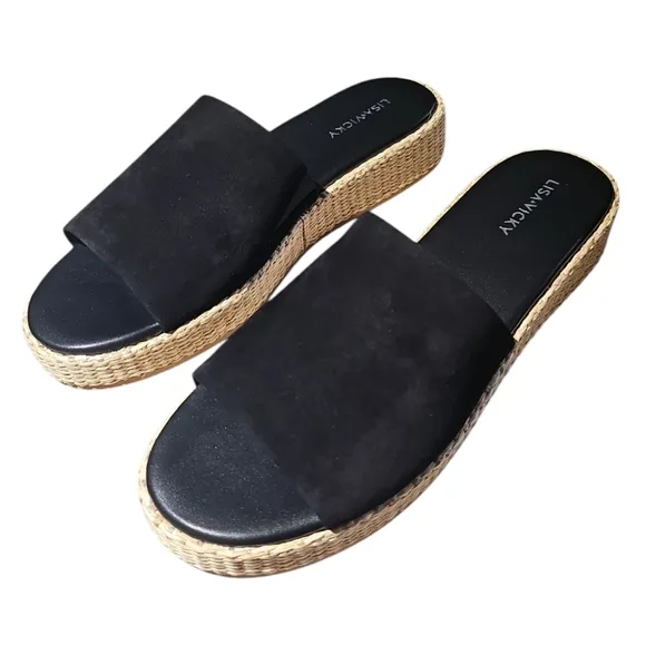 New Lisa Vicky Womens Smile Black Platform Slide Sandals Size 9.5M Shoe Chunky