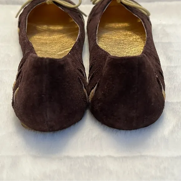 NEW Matiko Brown Suede Ballet Flats with Gold Leather Accents