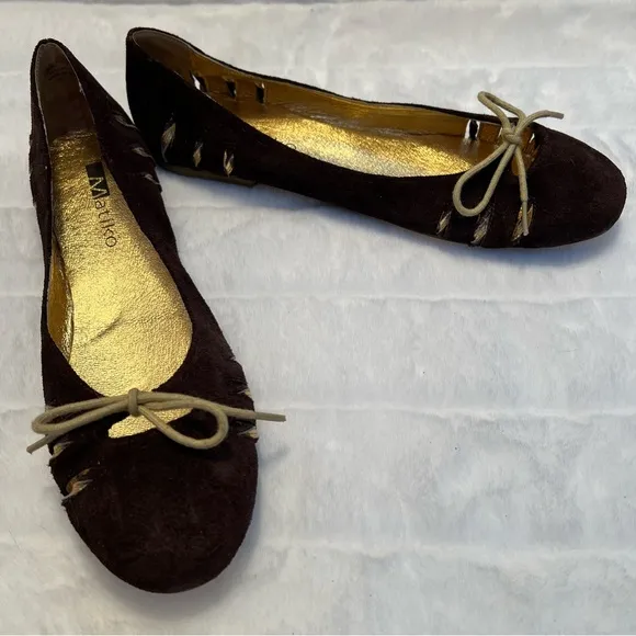 NEW Matiko Brown Suede Ballet Flats with Gold Leather Accents