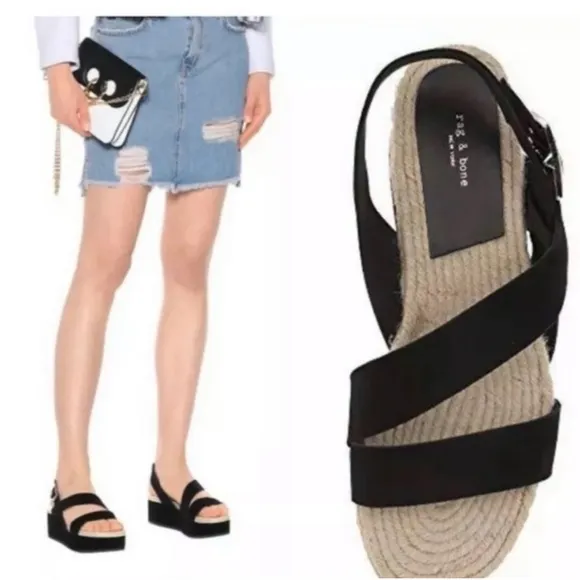 NEW! Rag &amp; Bone Megan Black Suede Leather Espadrilles Sandals  Platform Size 6.5
