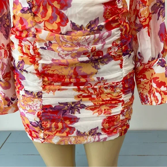 New Runaway The Label Acadia Dress Sz S / 4 Floral Ruched Long Sleeves Mini NWT