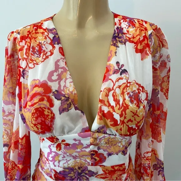 New Runaway The Label Acadia Dress Sz S / 4 Floral Ruched Long Sleeves Mini NWT