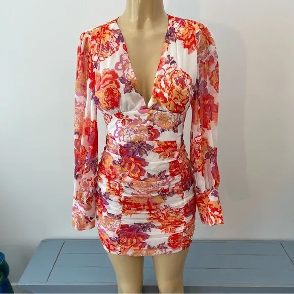 New Runaway The Label Acadia Dress Sz S / 4 Floral Ruched Long Sleeves Mini NWT