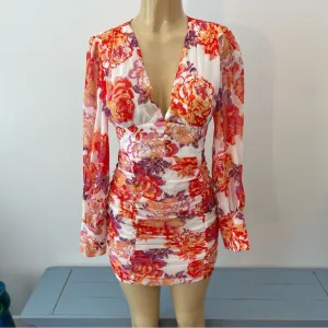 New Runaway The Label Acadia Dress Sz S / 4 Floral Ruched Long Sleeves Mini NWT