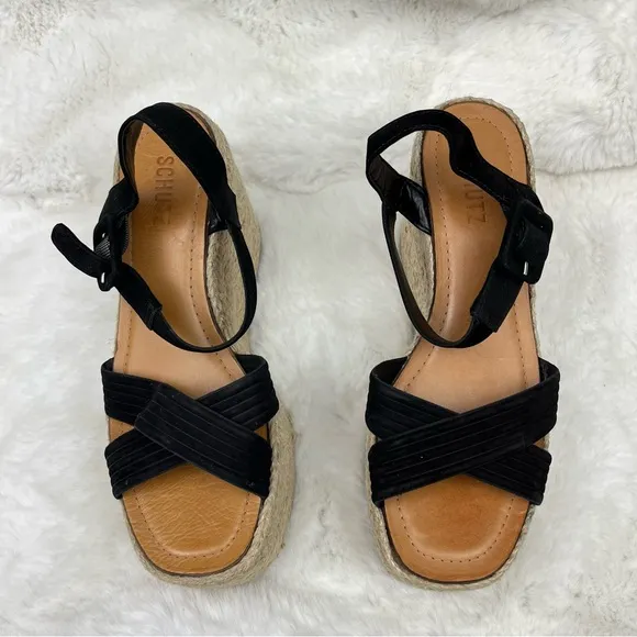 New Schutz Blisse Nubuck Sandal Espadrilles Platform Wedges Buckle Leather 9.5