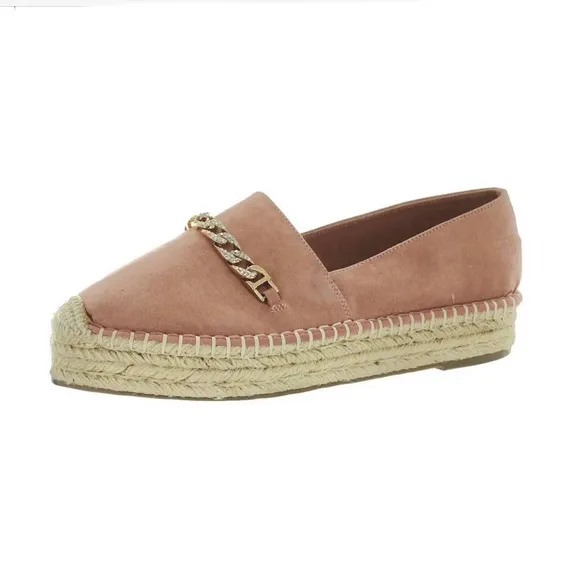 NEW Tahari Brooklyn Pink Faux Suede Cuban Gold Chain Platform Espadrille Size 8M