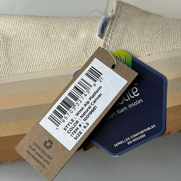 New Toms Alpargata platform espadrilles in natural canvas size 6.5 NWT