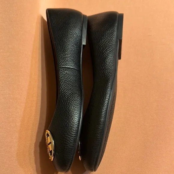 New Tory Burch Black Leather Ballet Flats. Gold Logo. Size 11.
