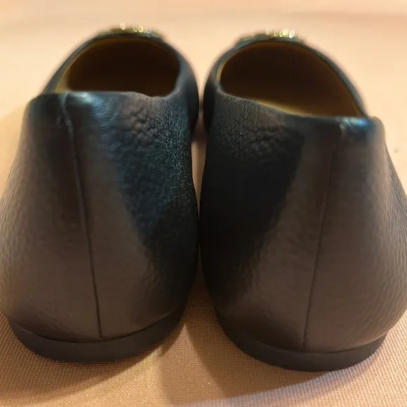 New Tory Burch Black Leather Ballet Flats. Gold Logo. Size 11.