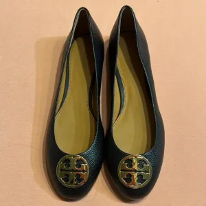 New Tory Burch Black Leather Ballet Flats. Gold Logo. Size 11.