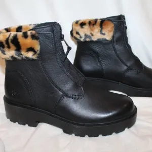NEW UGG WOMEN'S‎ BLACK LEATHER FUR TRIMMED MOTO WINTER RAIN SNOW BOOTS