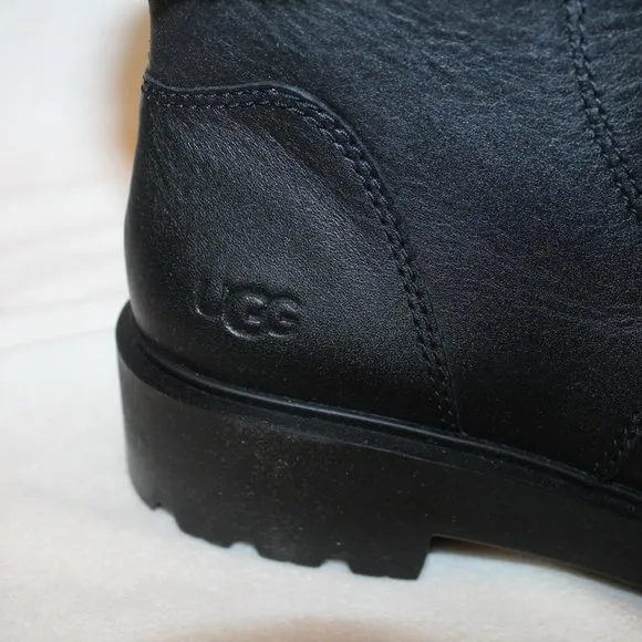 NEW UGG WOMEN'S‎ BLACK LEATHER FUR TRIMMED MOTO WINTER RAIN SNOW BOOTS