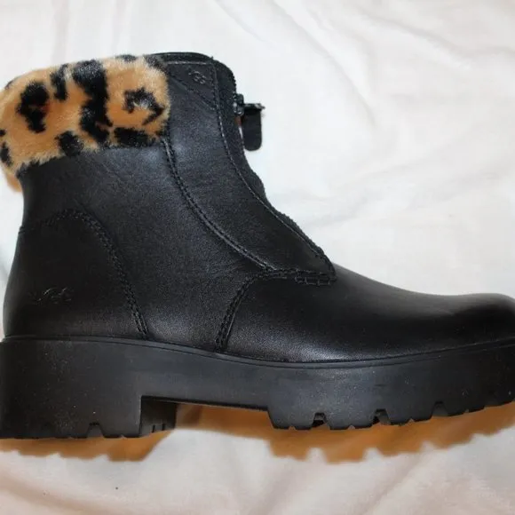 NEW UGG WOMEN'S‎ BLACK LEATHER FUR TRIMMED MOTO WINTER RAIN SNOW BOOTS