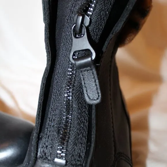 NEW UGG WOMEN'S‎ BLACK LEATHER FUR TRIMMED MOTO WINTER RAIN SNOW BOOTS