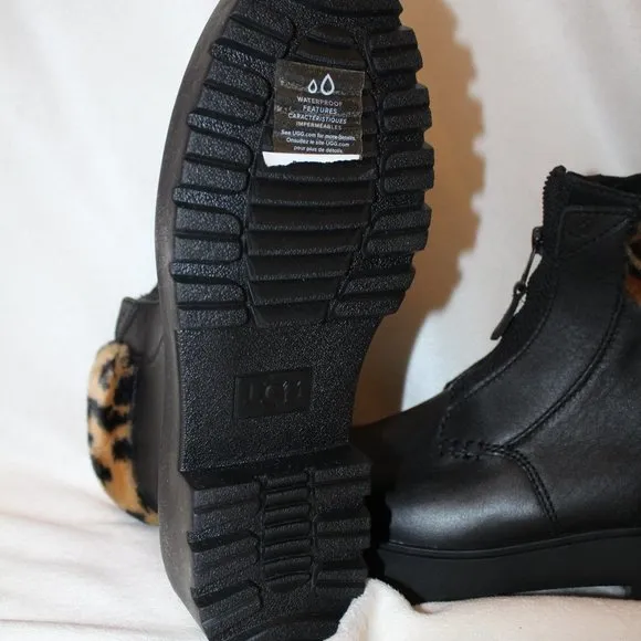 NEW UGG WOMEN'S‎ BLACK LEATHER FUR TRIMMED MOTO WINTER RAIN SNOW BOOTS
