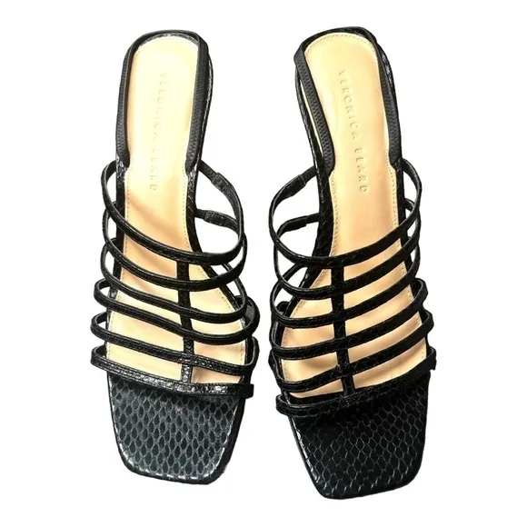 New ▶️ Veronica Beard ◀️ Aldridge Black Leather Snake Skin Caged Slingback Heels