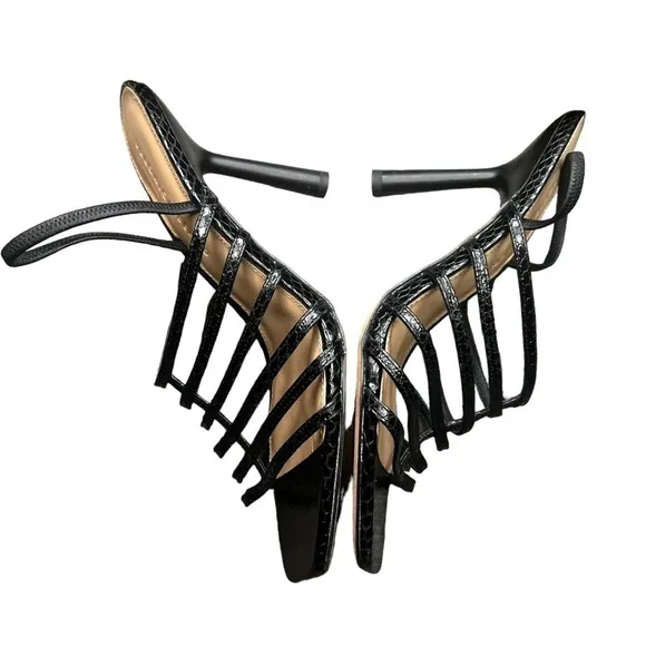 New ▶️ Veronica Beard ◀️ Aldridge Black Leather Snake Skin Caged Slingback Heels