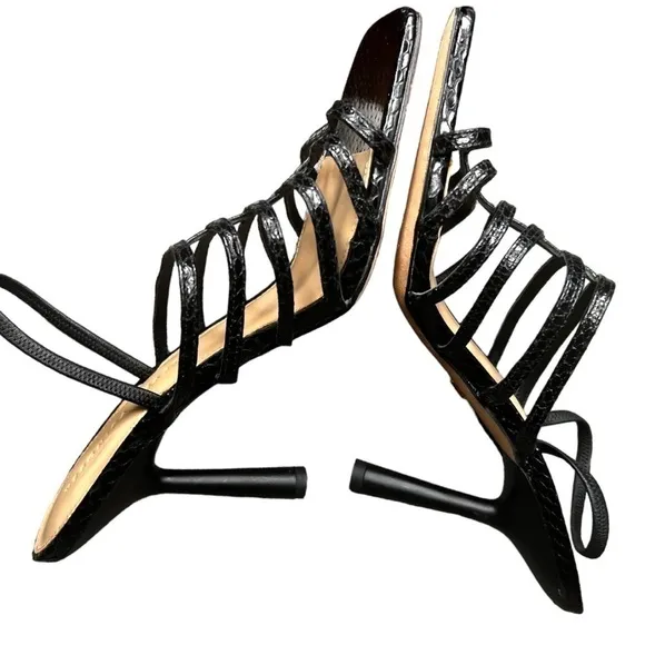 New ▶️ Veronica Beard ◀️ Aldridge Black Leather Snake Skin Caged Slingback Heels