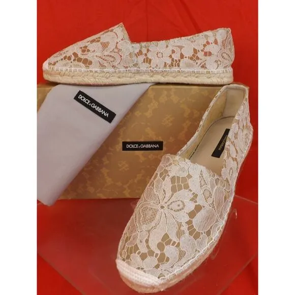 NIB DOLCE &amp; GABBANA OFF WHITE ICE FLORAL PRINT LACE ESPADRILLE FLATS 40 $ 545