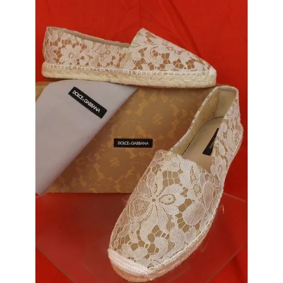 NIB DOLCE &amp; GABBANA OFF WHITE ICE FLORAL PRINT LACE ESPADRILLE FLATS 40 $ 545