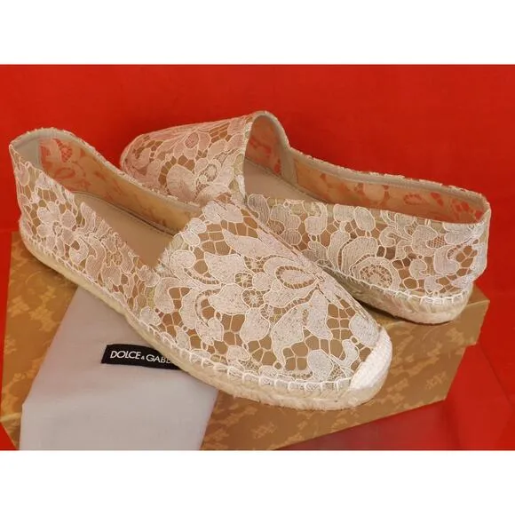 NIB DOLCE &amp; GABBANA OFF WHITE ICE FLORAL PRINT LACE ESPADRILLE FLATS 40 $ 545