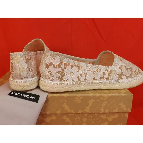 NIB DOLCE &amp; GABBANA OFF WHITE ICE FLORAL PRINT LACE ESPADRILLE FLATS 40 $ 545