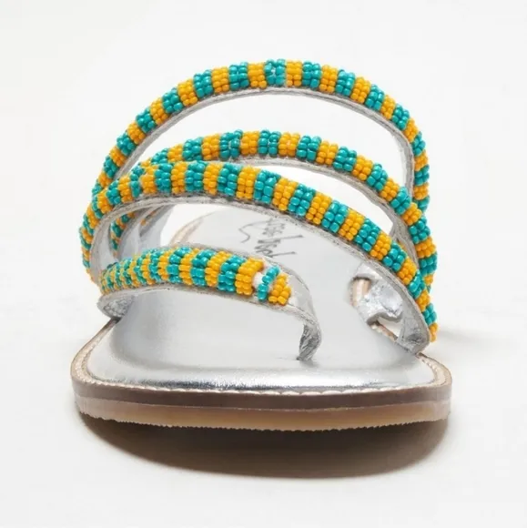 NIB Free People Beatrice Beaded Flat Sandals / Platino Combo