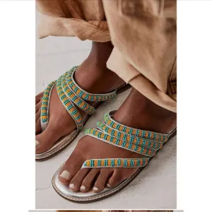 NIB Free People Beatrice Beaded Flat Sandals / Platino Combo