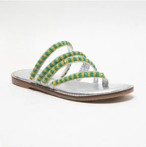 NIB Free People Beatrice Beaded Flat Sandals / Platino Combo
