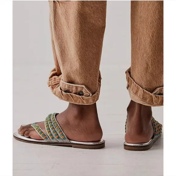 NIB Free People Beatrice Beaded Flat Sandals / Platino Combo