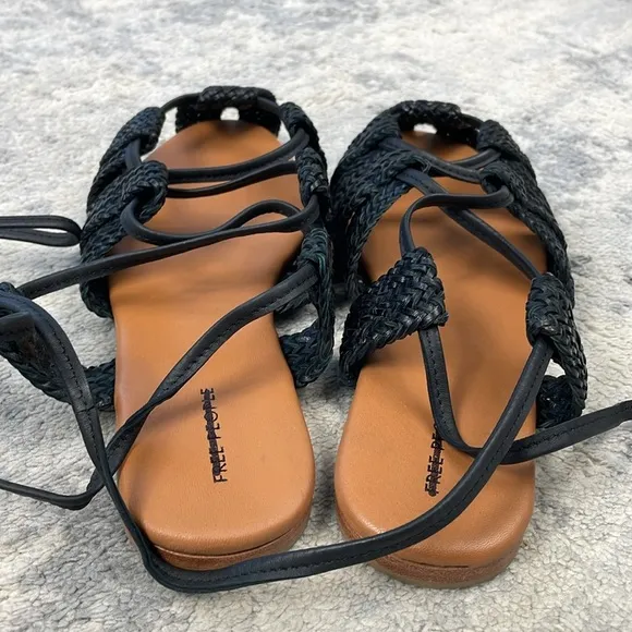 NIB Free People Sunny Gilly Flat Sandals Black Strappy Braided Sz 8