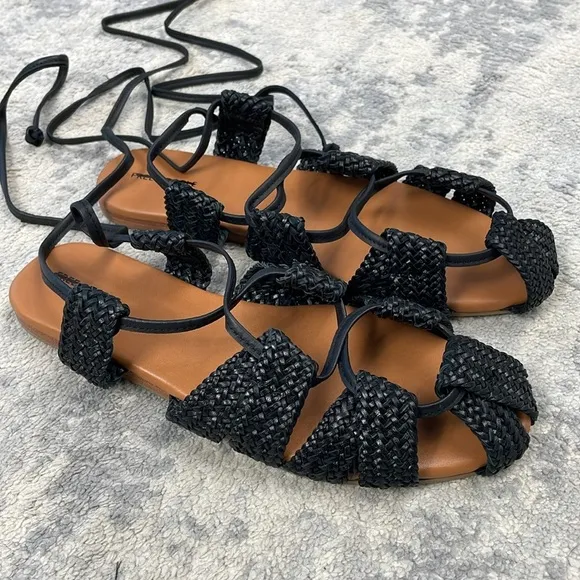 NIB Free People Sunny Gilly Flat Sandals Black Strappy Braided Sz 8