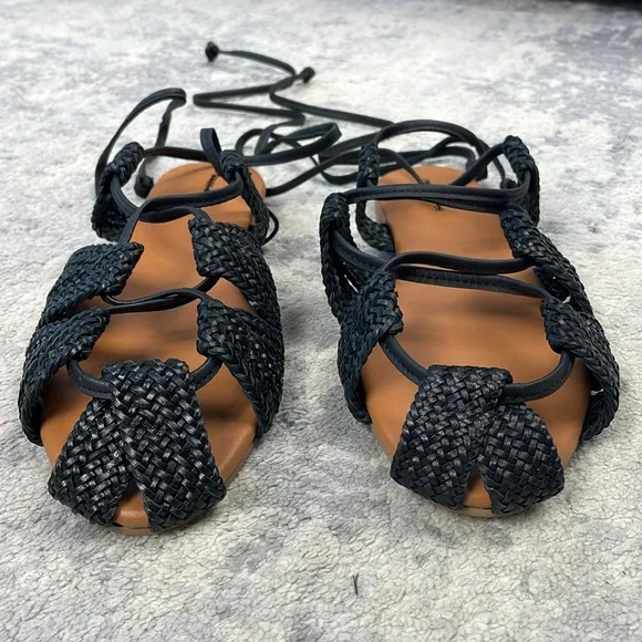 NIB Free People Sunny Gilly Flat Sandals Black Strappy Braided Sz 8