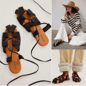 NIB Free People Sunny Gilly Flat Sandals Black Strappy Braided Sz 8