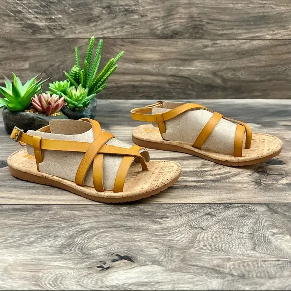 NIB Korks Felicity Slingback Strappy Flat Sandals Mustard Yellow PU