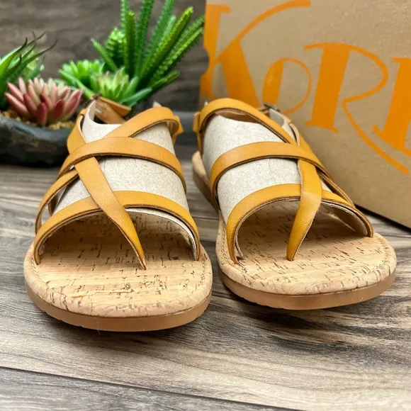 NIB Korks Felicity Slingback Strappy Flat Sandals Mustard Yellow PU